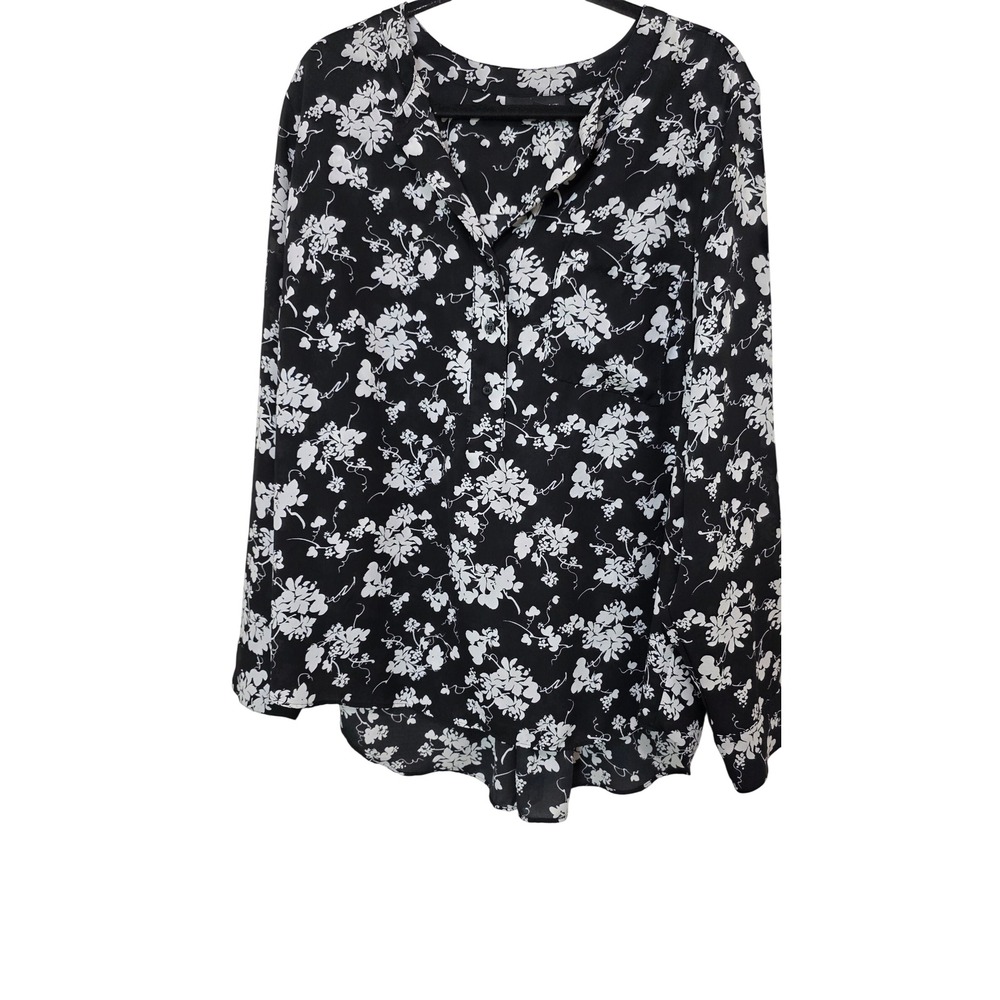 Lane Bryant Floral Blouse Womens 18/20 Black White Button Front Long Sleeve Top